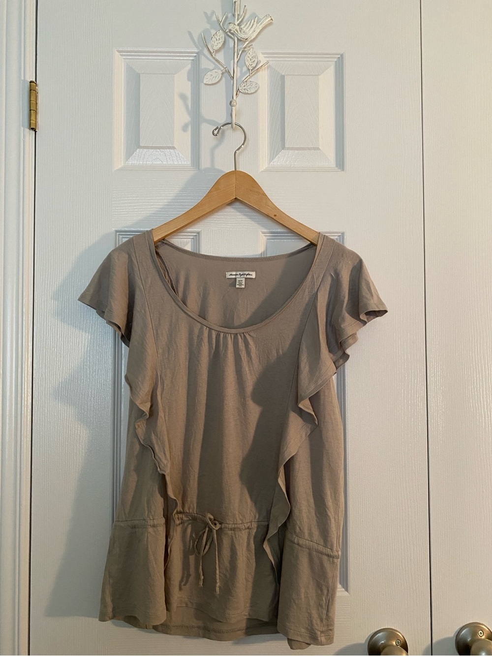 Y2K Grey Ruffle Sleeve Drawstring Waist Top
